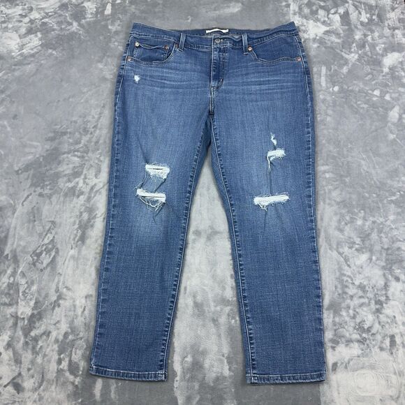 Levi's Boyfriend Jeans Women's Size 33 Blue Medium Wash Distressed Stretch - Picture 1 of 14
